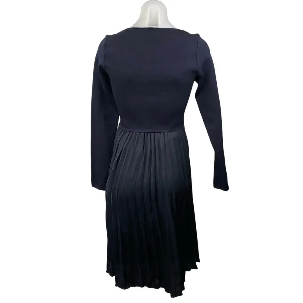 Witchery Women's Blue Black Pleated Square Neck Long Sleeve Midi A-Line Dress S
